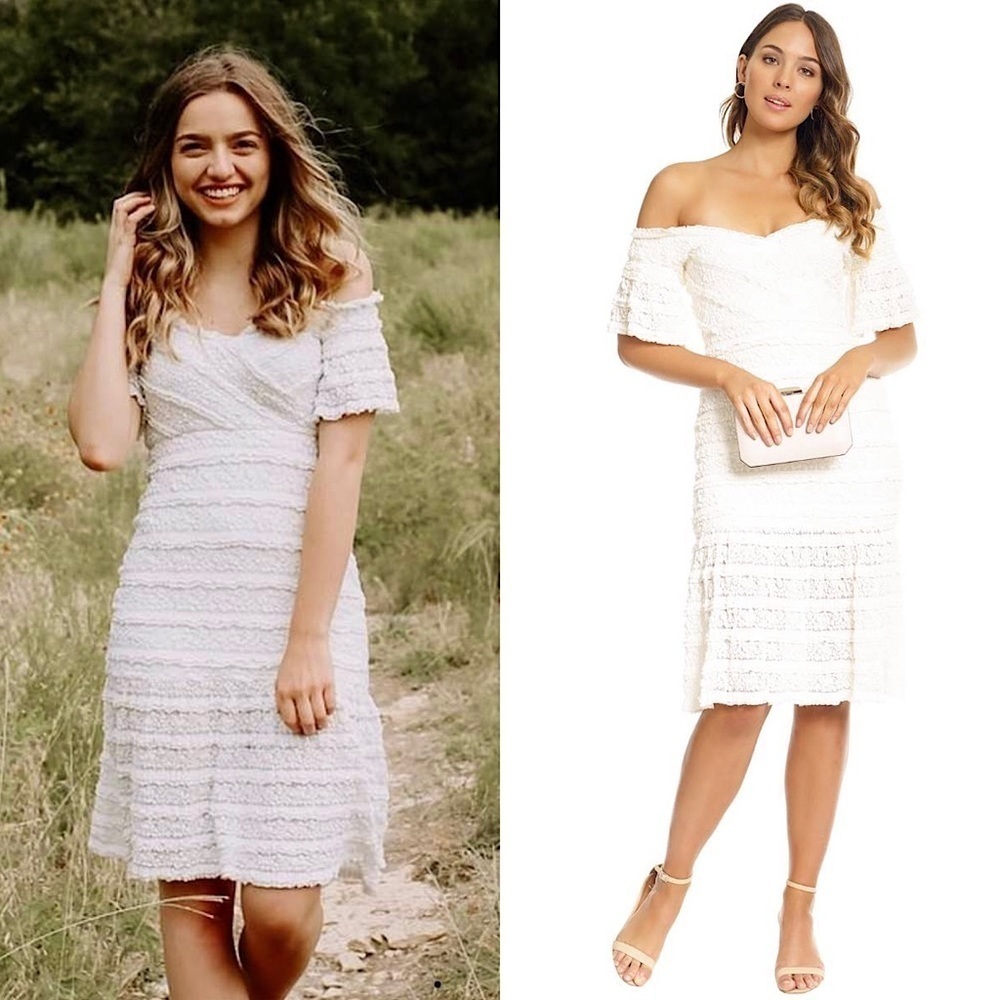 SAYLOR Tiered Lace Sweetheart Neck Off Shoulder Short Sleeve Flounce Hem Dress S
